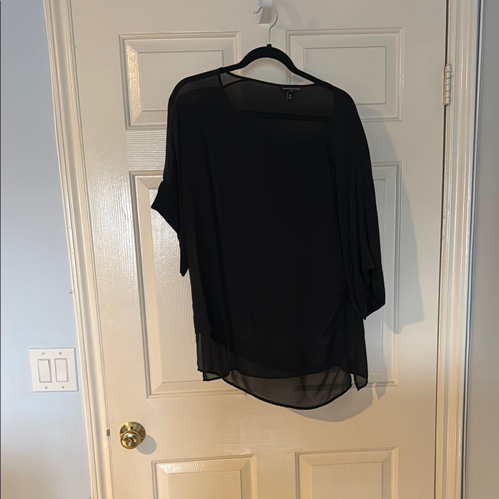 Black Asymmetrical Boxy Blouse with 3/4 Sleeves - Silk